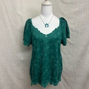 Democracy Green Boho Lacey Top Size L Peasant Cottagecore Embroidered
